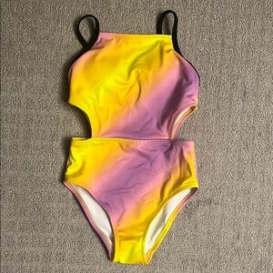 Happy Nation One Piece Swimsuit Cut Out Sides Purple Yellow Black Girls 7/8